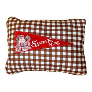 New Mexico Santa Fe Vintage Red Pennant on New Woven Brown Gingham Throw Pillow For Sale