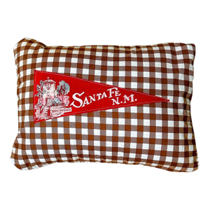 New Mexico Santa Fe Vintage Red Pennant on New Woven Brown Gingham Throw Pillow