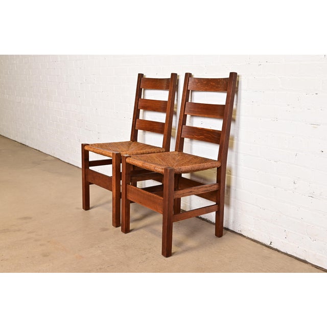 Mission Gustav Stickley Antique Mission Oak Arts & Crafts Ladder Back Side Chairs or Dining Chairs With Rush Seats, Pair For Sale - Image 3 of 12