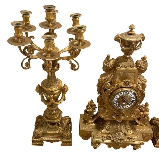 Large 19th Century French Doré Bronze Clock Garniture Marked Jules Graux, Paris. For Sale - Image 10 of 16