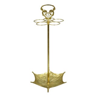 Mid 20th Century Vintage English Victorian Style Brass Umbrella Cane Stand With Serpent Handle For Sale