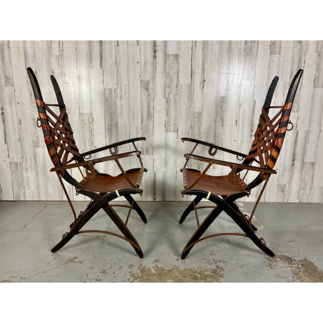 Wood 1960s Italian Belt Strap Leather Arm Chairs by Alberto Marconetti- a Pair For Sale - Image 7 of 13