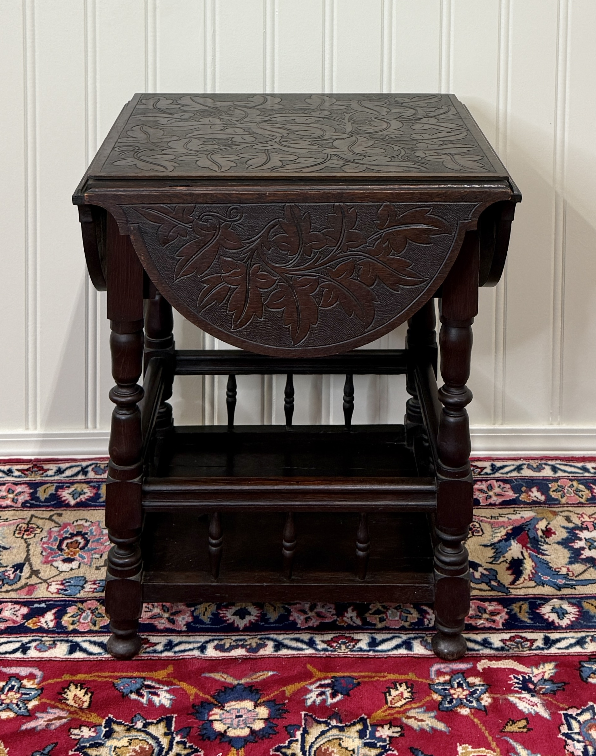 Antique English Cloverleaf Side Table Carved Top Lower Gallery Oak