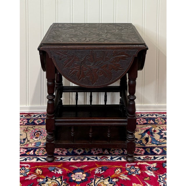 English Antique English Cloverleaf Side Table Carved Top Lower Gallery Oak C. 1900 For Sale - Image 3 of 15