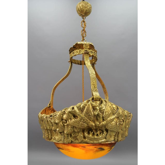 Art Deco French Brass Chandelier with Yellow Pâte De Verre Glass by Degué, 1930s For Sale - Image 12 of 18
