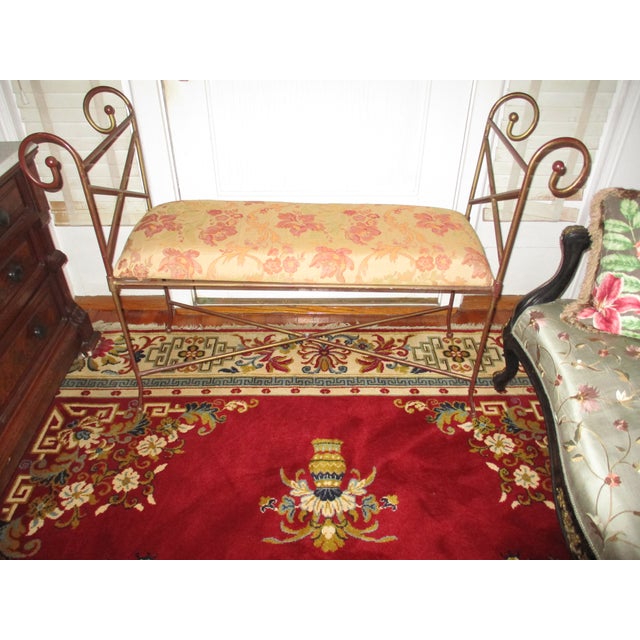 This is a Gorgeous! Vintage Art Nouveau Style Gold & Maroon Ornate Metal Bench / Settee that has Beautiful Curved and...