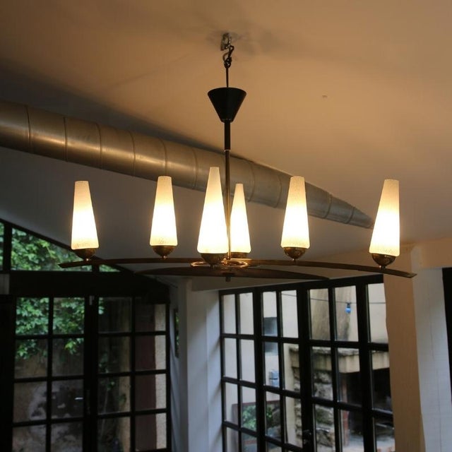 Art Deco Opaline and Brass Chandelier, 1950s For Sale - Image 10 of 18