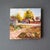 A vibrant rural autumnal landscape painting in an impressionist style features lively colors of peach, sky blue, red, and...