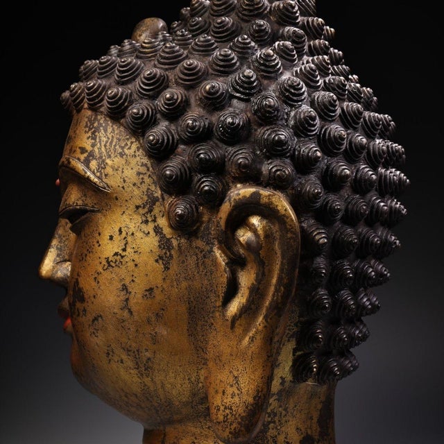 Monumental Vintage Gilt Bronze Buddha Head Sculpture - Large Asian Zen Decor, 20 LBS For Sale In Los Angeles - Image 6 of 9