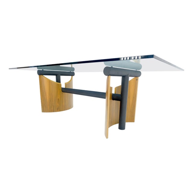 Large 48x90 Rectangle 3/4” Thick Glass Top Teak Base Modern Conference Table For Sale