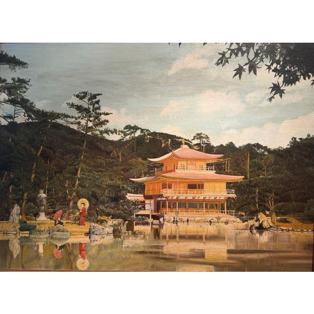H. Jung, Kinkaku-ji (Golden Pavilion), Oil Painting on Canvas, in Very Good conditions. Designed 1950 to 1959 This piece...