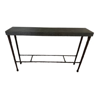 Made Goods Jovan Narrow Console in Bronze Iron, Charcoal Linen For Sale