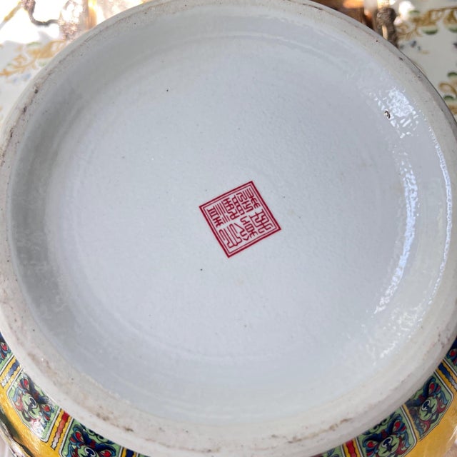 1980s yellow temple vase // Chinoiserie // yellow ceramic vase // floral vase // birds and flowers // enamel // oversized vase For Sale - Image 10 of 10