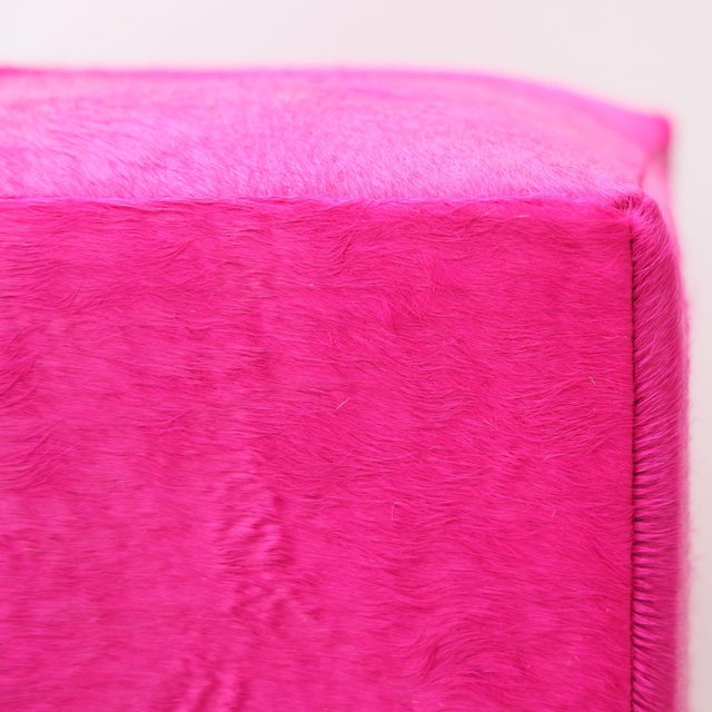 Handmade Fuchsia Cowhide Leather Ottoman Pouf 18x18x18 in Statement Cube For Sale - Image 4 of 7