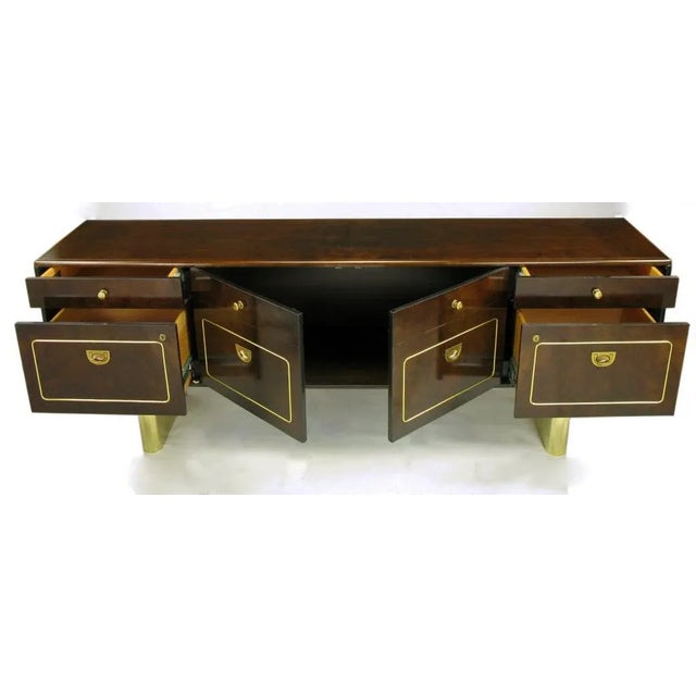 1970s Romweber Burled Walnut and Brass Campaign-Modern Credenza For Sale - Image 5 of 10