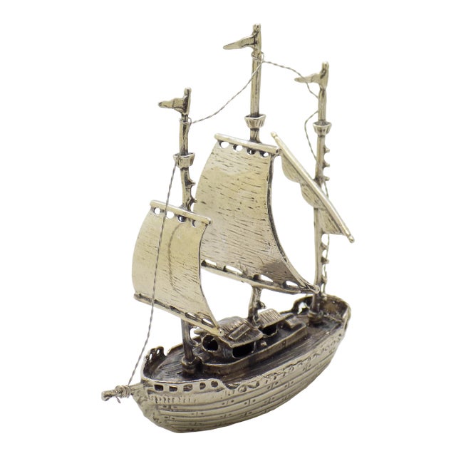Vintage Italian Handmade Genuine Silver Galleon Sailing Ship Large Figurine, Made in Tuscany in 1991 For Sale