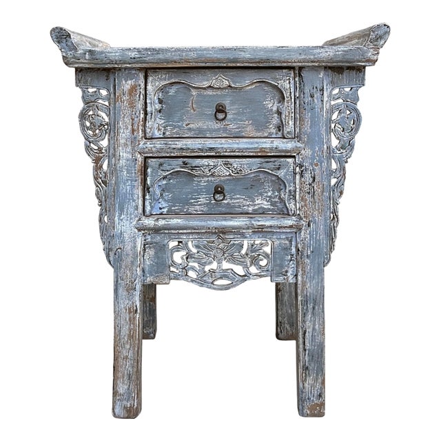 Distressed Pale Blue Grey 2 Drawers Carved Motif End Table Nightstand For Sale