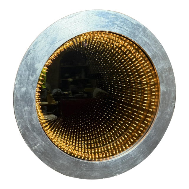 Round Infinity Wall Mirror Featuring a Textured Silver-Finished Frame For Sale