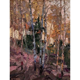 Aspen Stand by Robert Moore | Oil on Panel Painting of aspen trees in a forest setting For Sale