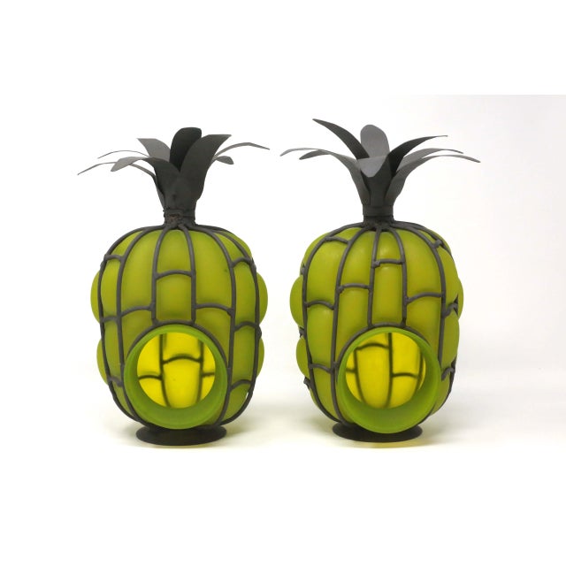 Blown Glass and Metal Pineapple Lanterns / Candle Holders - a Pair For Sale - Image 4 of 11