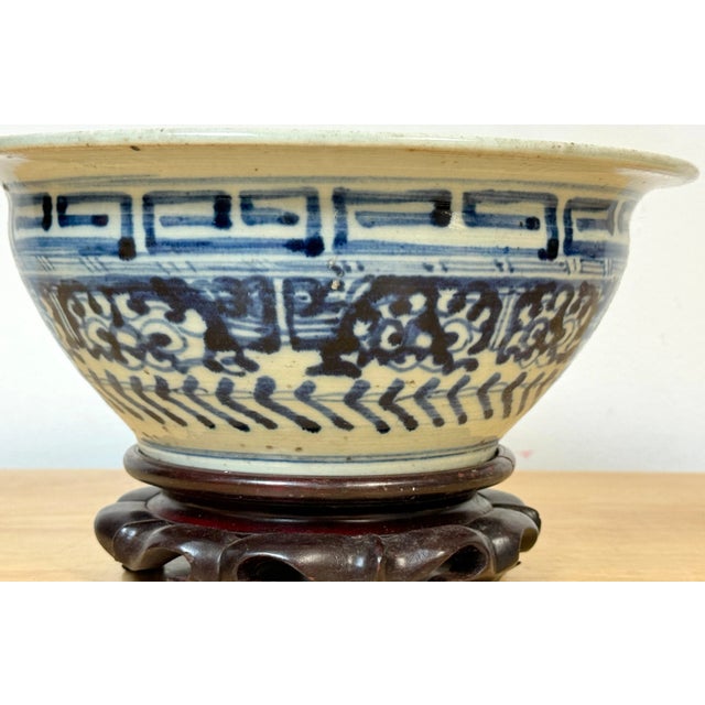 Shipwreck Qing Dynasty, Geometric Pattern Blue & White Bowl & Later Wood Stand - a Pair For Sale In West Palm - Image 6 of 11