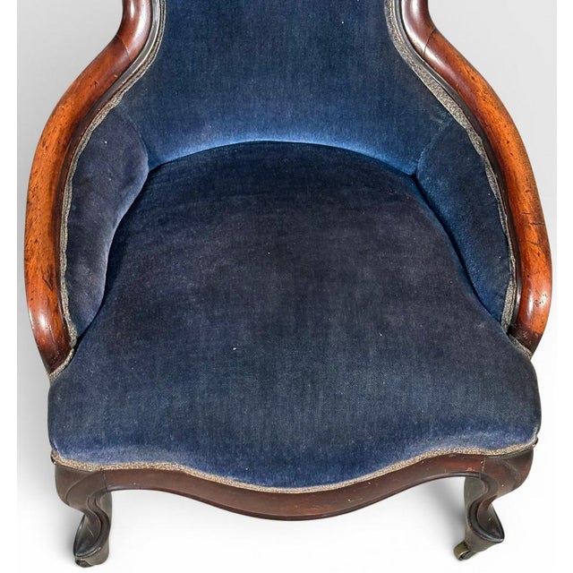 Wood Antique Victorian Walnut Rococo Revival Navy Velvet Parlor Chair For Sale - Image 7 of 12