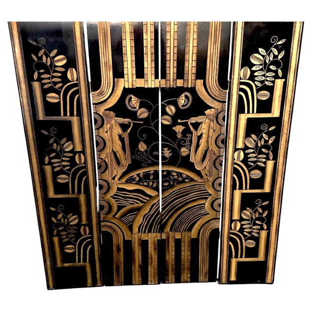 Art Deco 4-Panel Black Lacquer & Gilt Screen, Attributed to Paul Fehér, 20th C. For Sale - Image 4 of 14