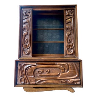 1970s Mad Men Pulaski Furniture Oceanic Contour Two Piece China Credenza For Sale