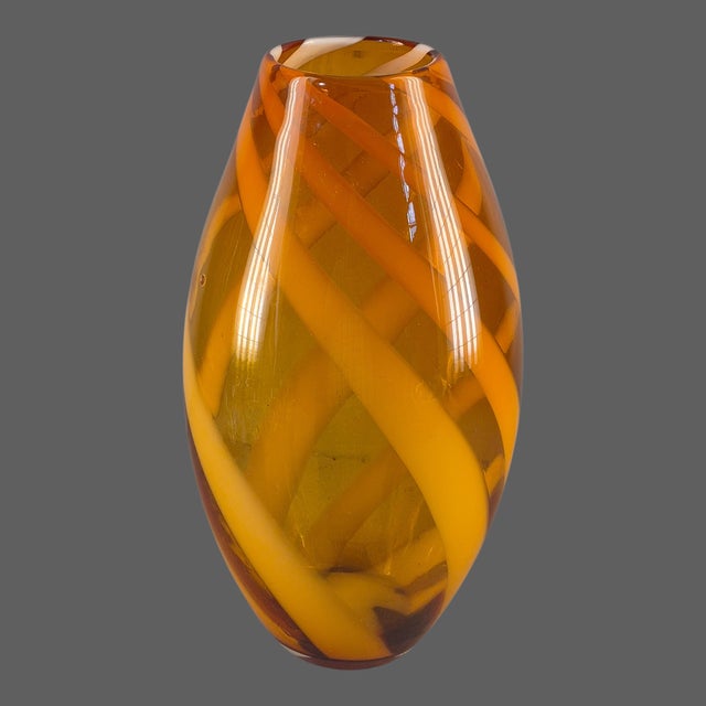 Mid-Century Modern Mid-Century Modern Hand-Blown Cased Glass Warm Amber White Ribbon 14.5'' Vase For Sale - Image 3 of 10