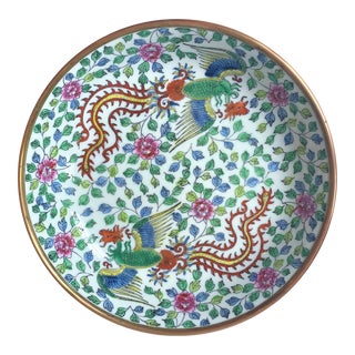 Vintage Famille Verte Chinoiserie Porcelain & Brass Bowl For Sale