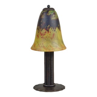 1920s French Art Deco Daum and Vasseur Table Lamp Yellow Burgundy Mottled Glass Wrought Iron For Sale