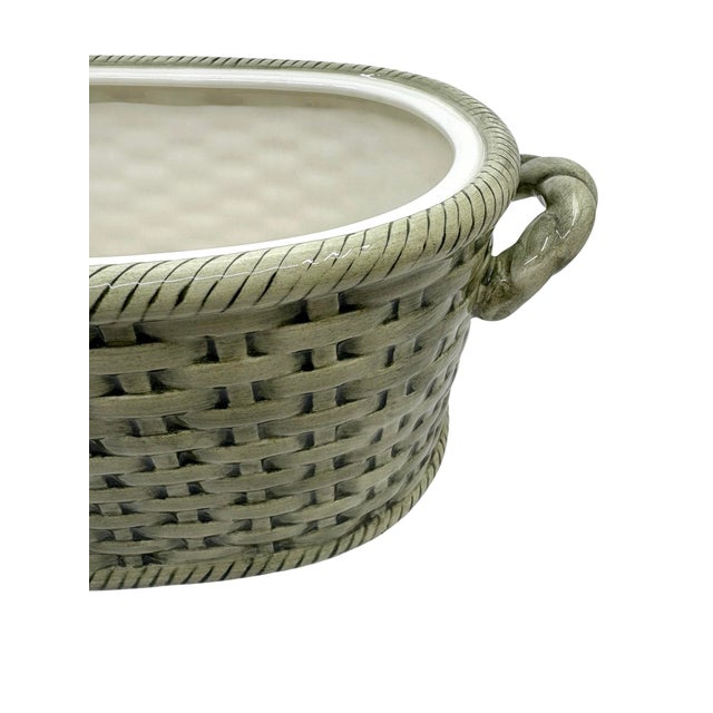 Vintage Basketweave Green Cachepot / Decorative Bowl With Handles For Sale In New York - Image 6 of 8