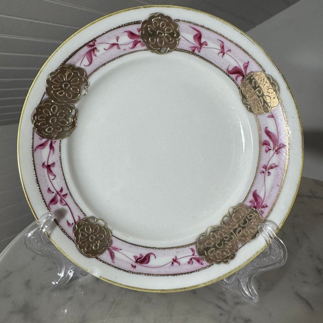 1900 - 1909 Antique Imperial Nippon Hand Painted Pink Ribbon & Gold Moriage Plates by Noritake - Pair For Sale - Image 5 of 9