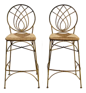 Vintage Gold Tone Cast Iron Bar Stools With Woven Rush Seats & Geometric Oval Backs – Set of 2