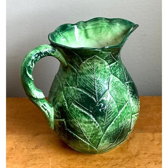 Vintage Green Leaf Motif Ceramic Pitcher For Sale - Image 12 of 13