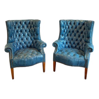Mid Century Tufted Leather Wingback Chairs, Pair For Sale