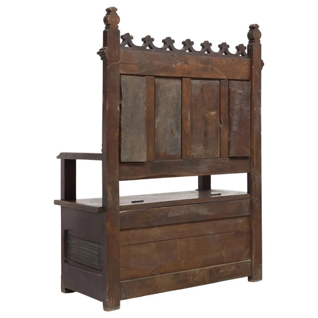 Gothic 1800's French Gothic Revival, Carved Oak, Storage ,Tracery, 64”, Hall Bench! For Sale - Image 3 of 10
