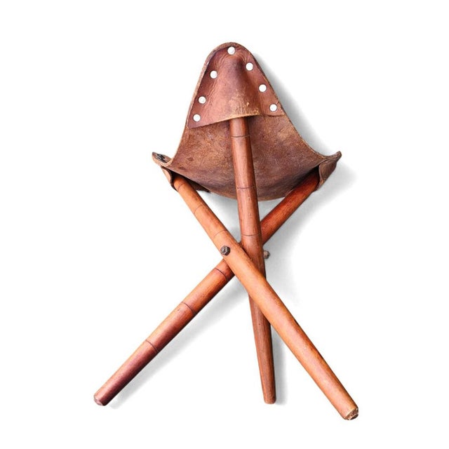 Vintage Tooled Leather Tripod Chairs, Set of 2 For Sale - Image 6 of 18