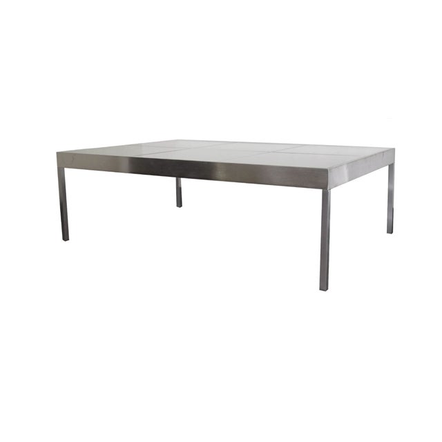 Contemporary Pair of 1990s Modern Brushed Steel and Frosted Glass Coffee Tables For Sale - Image 3 of 10