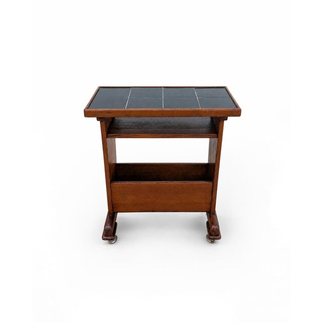 Serving Trolley in Oak Wood with Black Tile Top and Wheels, 1950s For Sale - Image 4 of 10
