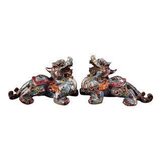 Late 19th Century Pair of Cloisonné Enamel Guardian Lion Figurines, 2800g Total, Qianlong Mark For Sale