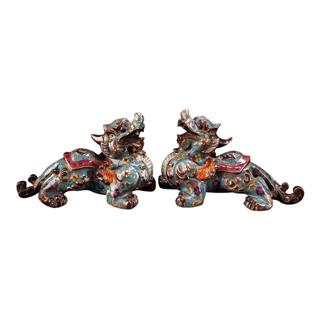 Late 19th Century Pair of Cloisonné Enamel Guardian Lion Figurines, 2800g Total, Qianlong Mark For Sale