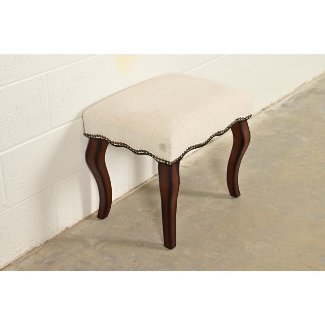 Baker Furniture Company Baker Furniture Style French Provincial Louis XV Carved Mahogany Upholstered Stool or Ottoman For Sale - Image 4 of 9