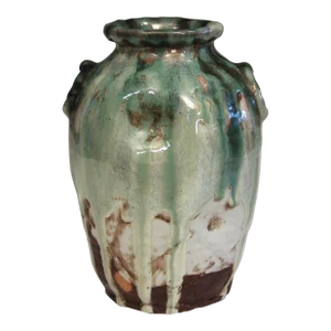 1930s Awaji Pottery Manipulated Drip Glaze Ring Handled Vase