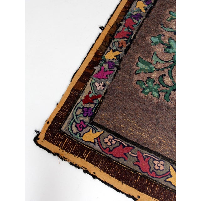 Antique Hand Hooked Floral Wool Rug With Brown Field and Colorful Border For Sale - Image 11 of 15