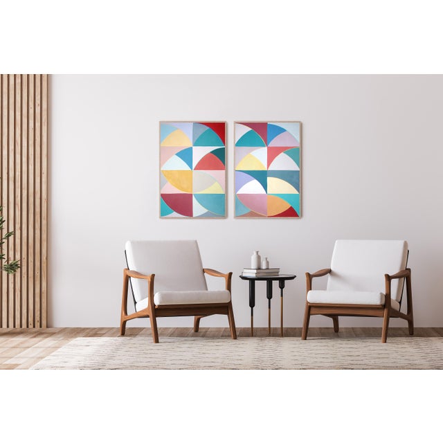 2020s 2026, Color Field Painting Diptych, Deco Flora Matrix, Original Painting on Paper in Pastel Tones, Geometric Tiles Shapes by Natalia Roman For Sale - Image 5 of 10