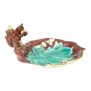 Antique Majolica Squirrel & Leaf Dish