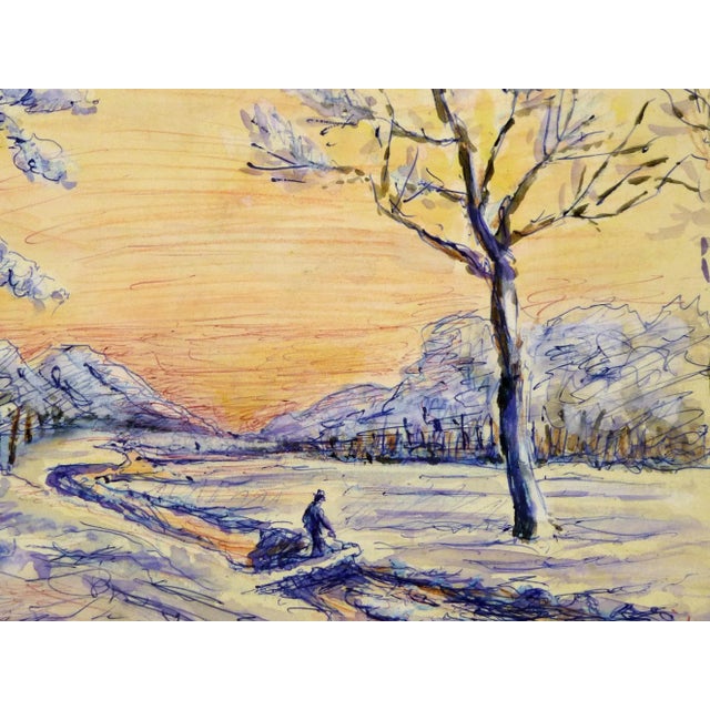 Traditional Snowy Winter Landscape With Lavender Snow Covered Trees and Coral Sky For Sale - Image 3 of 5