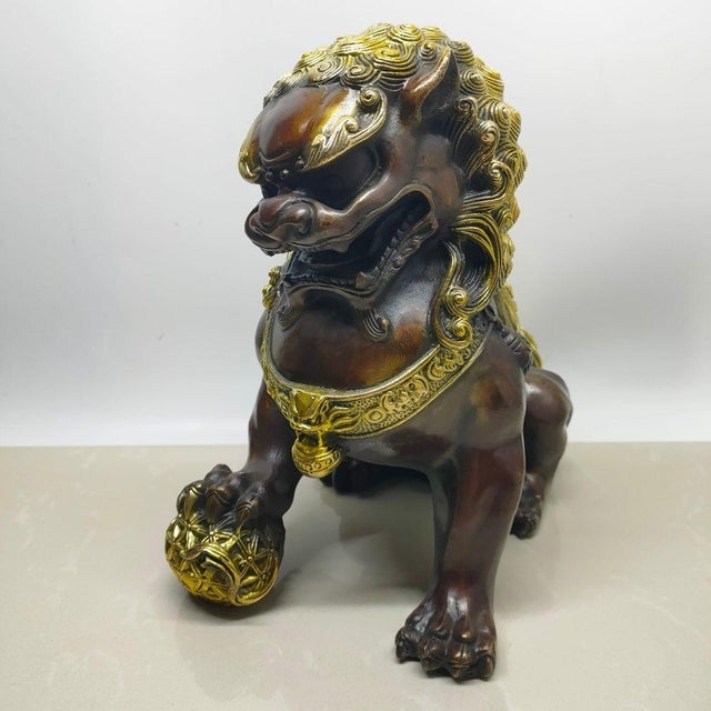 Pair of Vintage Chinese Gilt Bronze Guardian Lions (Foo Dogs) on Embroidered Balls For Sale - Image 9 of 9