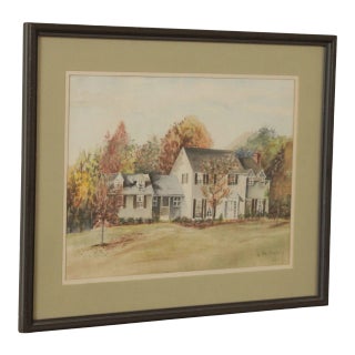 Vintage 20th C. New England House in Autumn Original Watercolor, Signed For Sale